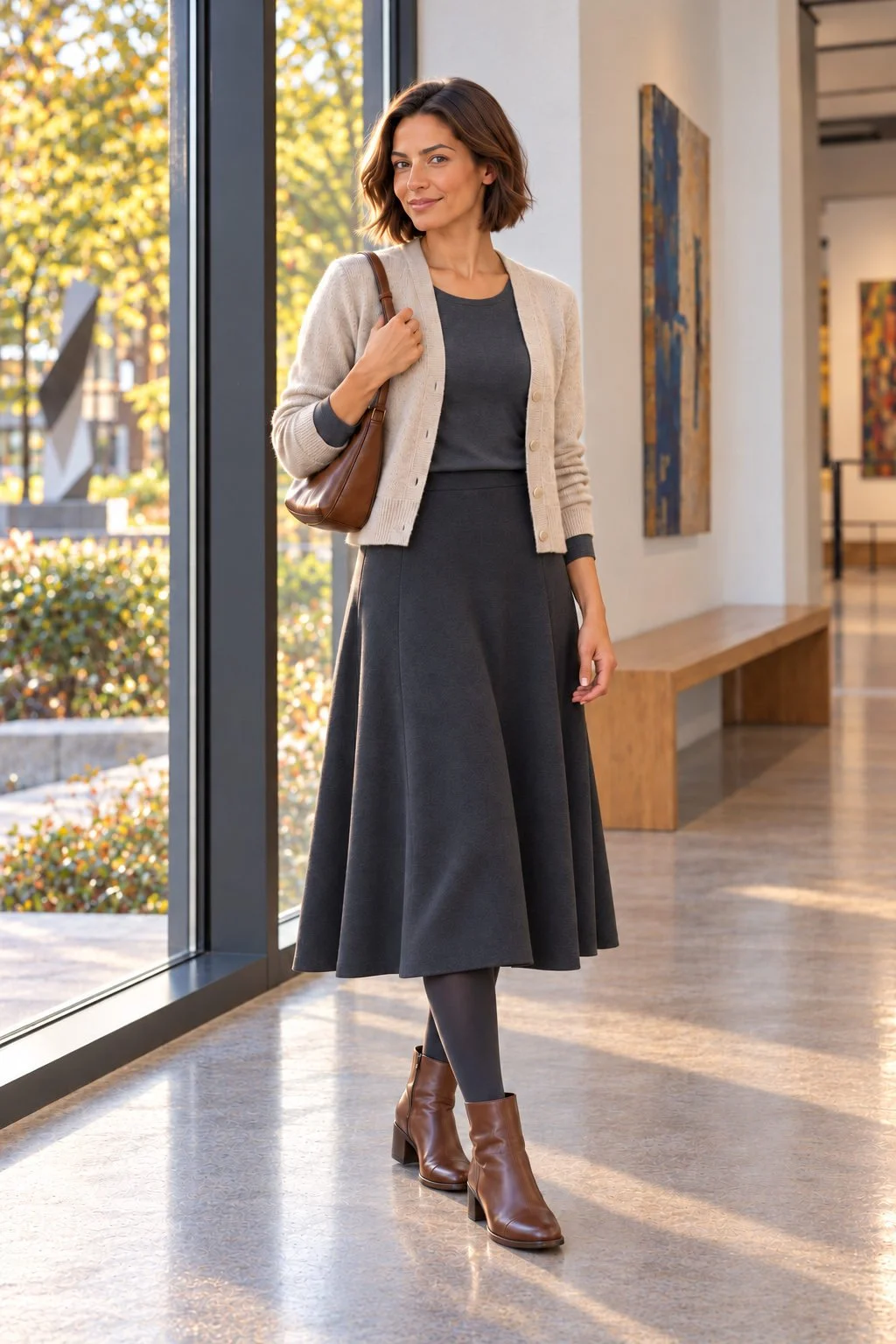 The Short Bob model wears an oatmeal cardigan, gray top, charcoal midi skirt, tights, and brown boots beside an atrium window.