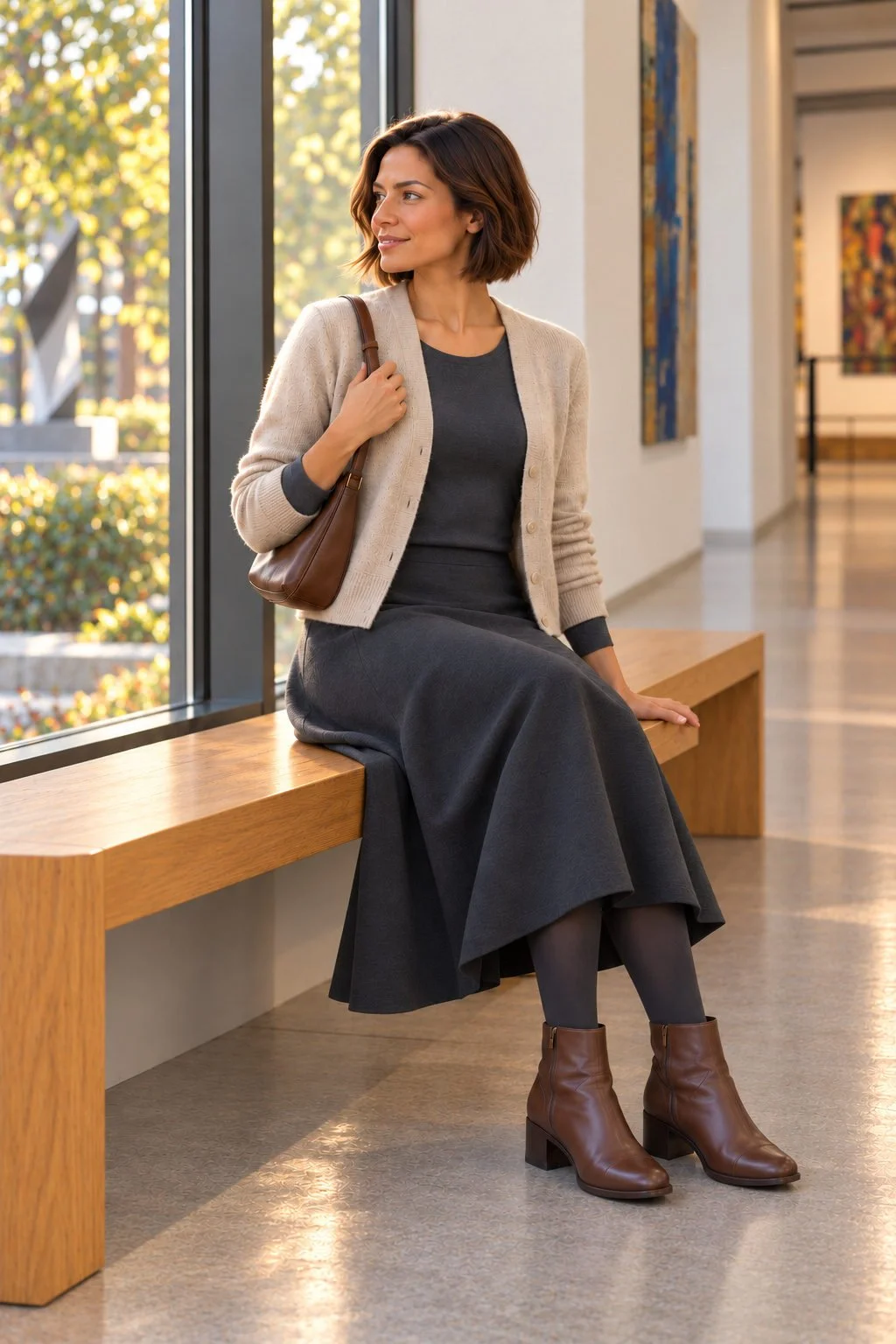 The Short Bob model sits on an oak bench in the oatmeal cardigan and charcoal midi skirt, with both brown boots on the floor.