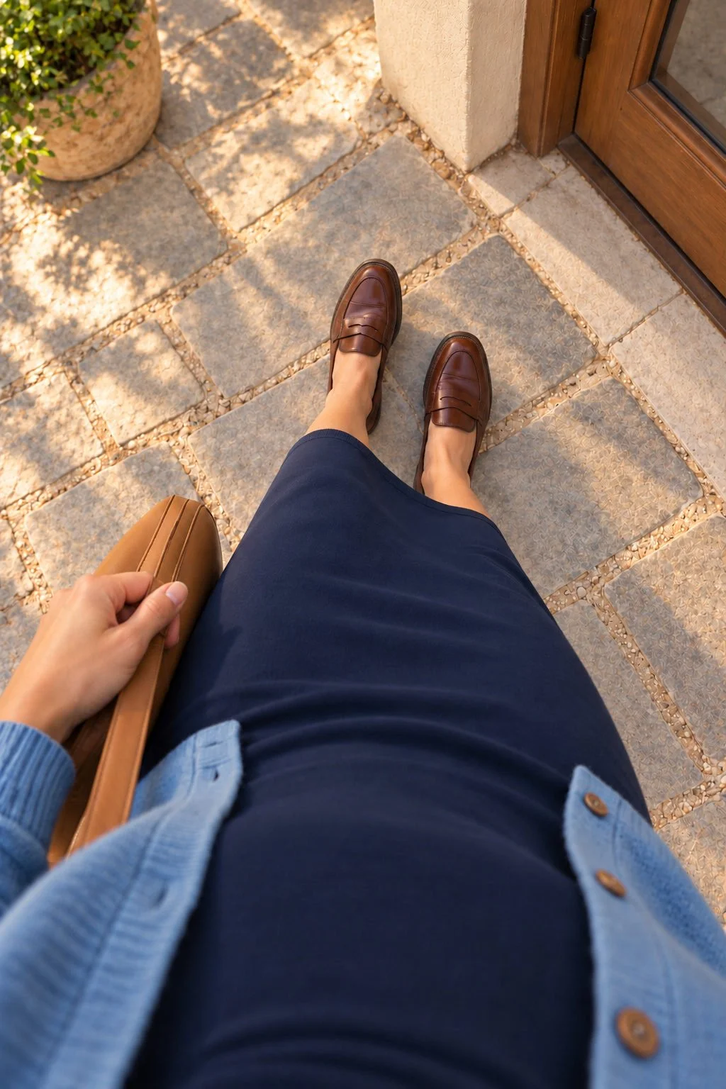 A wearer’s downward view shows blue cardigan edges, a navy dress hem, a tan bag, and two brown loafers on sunlit stone.
