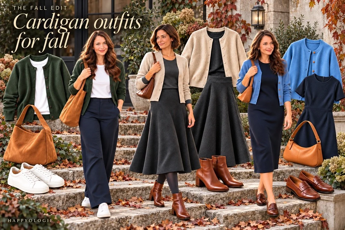 3 Cardigan Outfits for Fall with Trousers, a Skirt, and a Dress