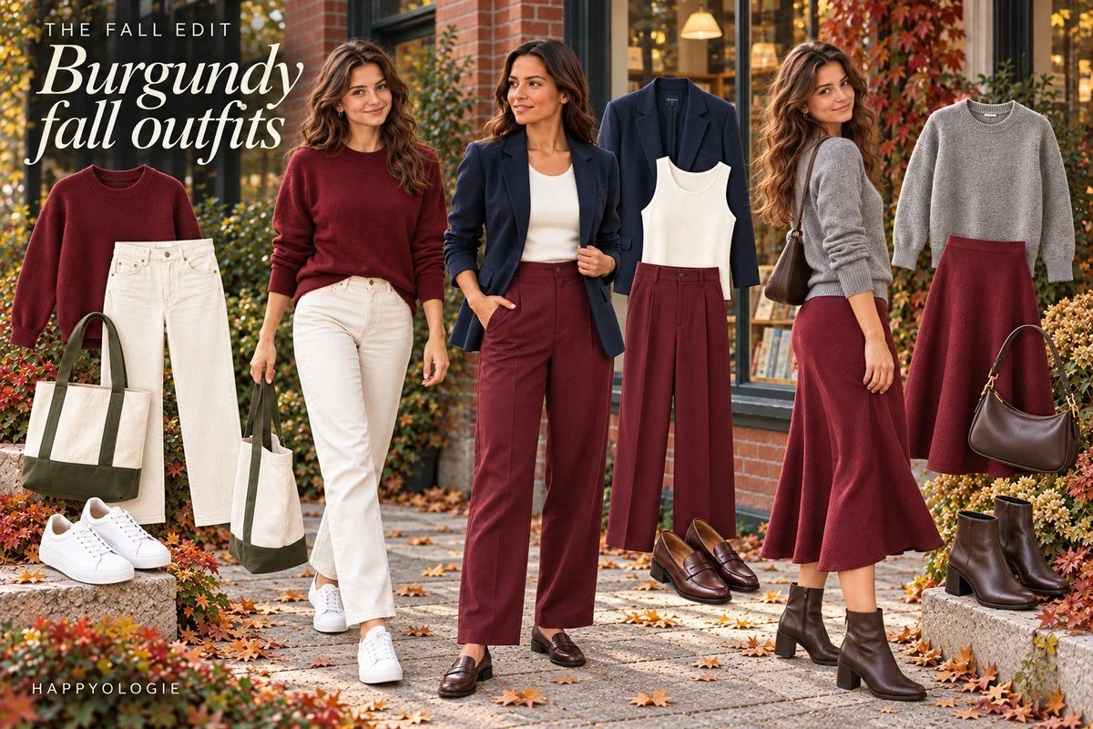 3 Burgundy Fall Outfits with Jeans, Trousers, and a Midi Skirt