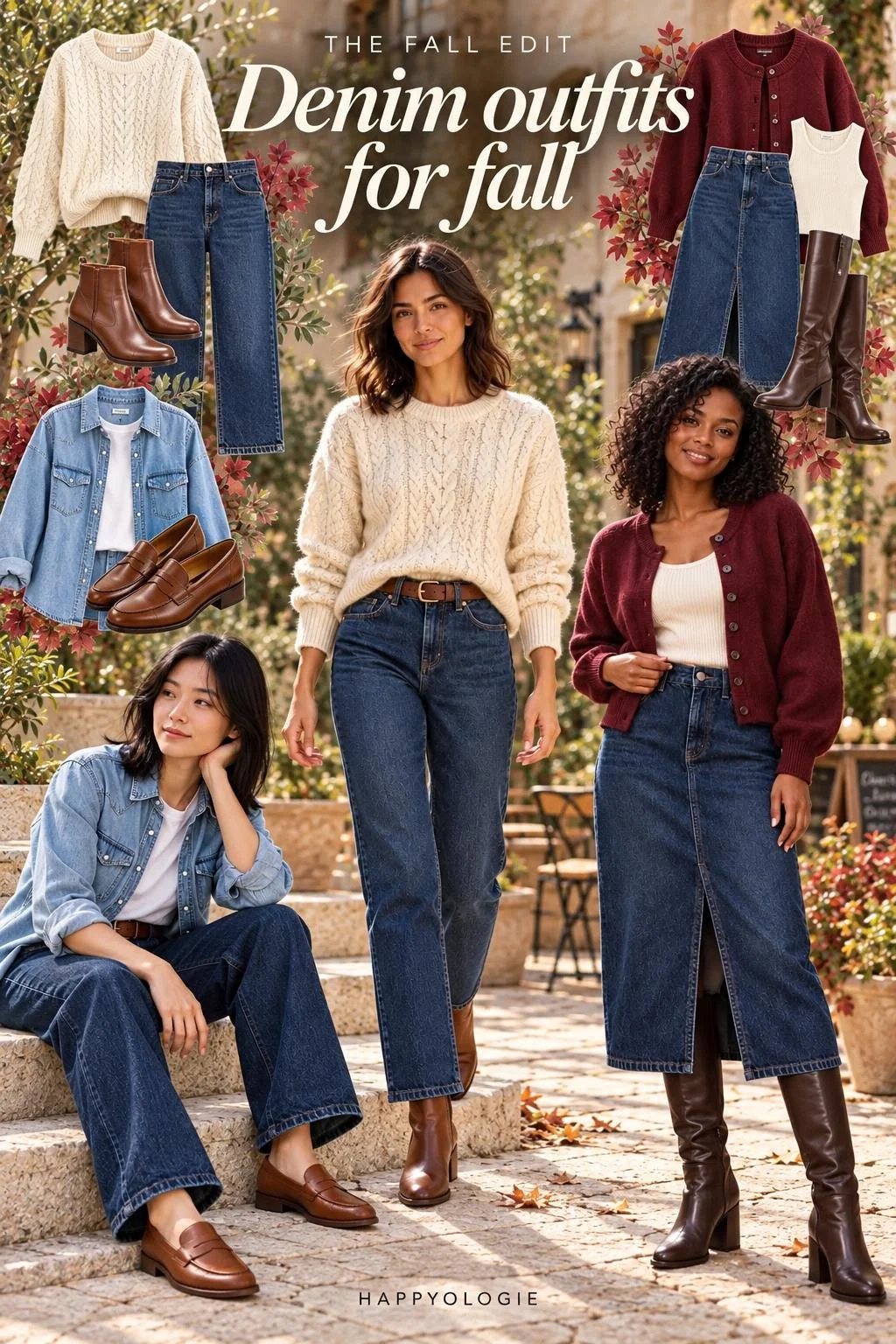 Fashion collage for Denim Outfits We’re Loving for Fall, with the article's outfit pieces and accessories.