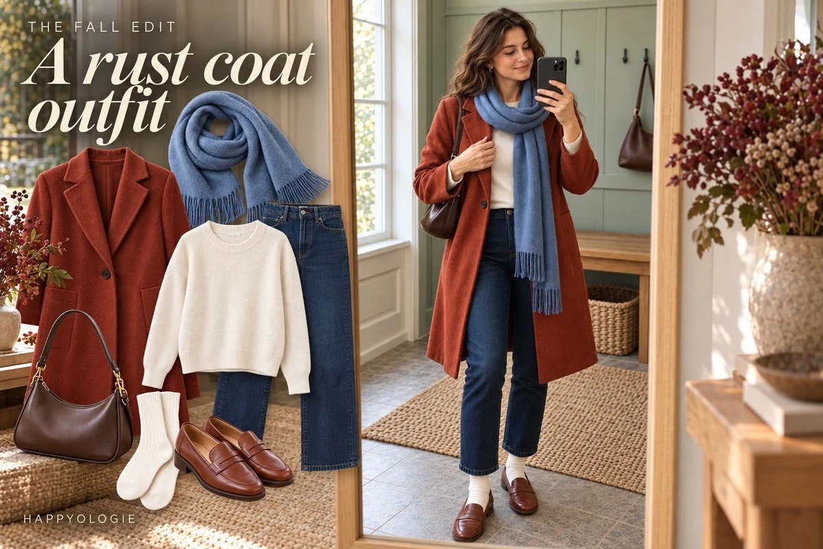 A Rust Coat Outfit with a Blue Scarf and Loafers