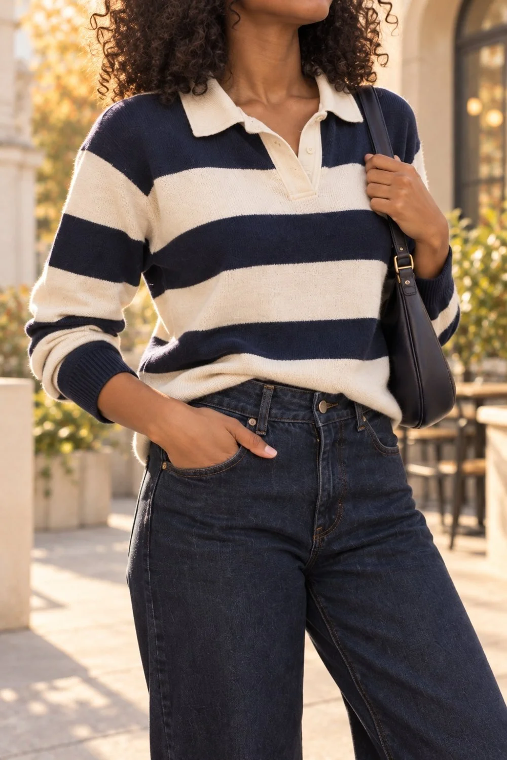 Close view of a cream rugby collar, wide navy stripes, a navy shoulder bag, and dark jeans.