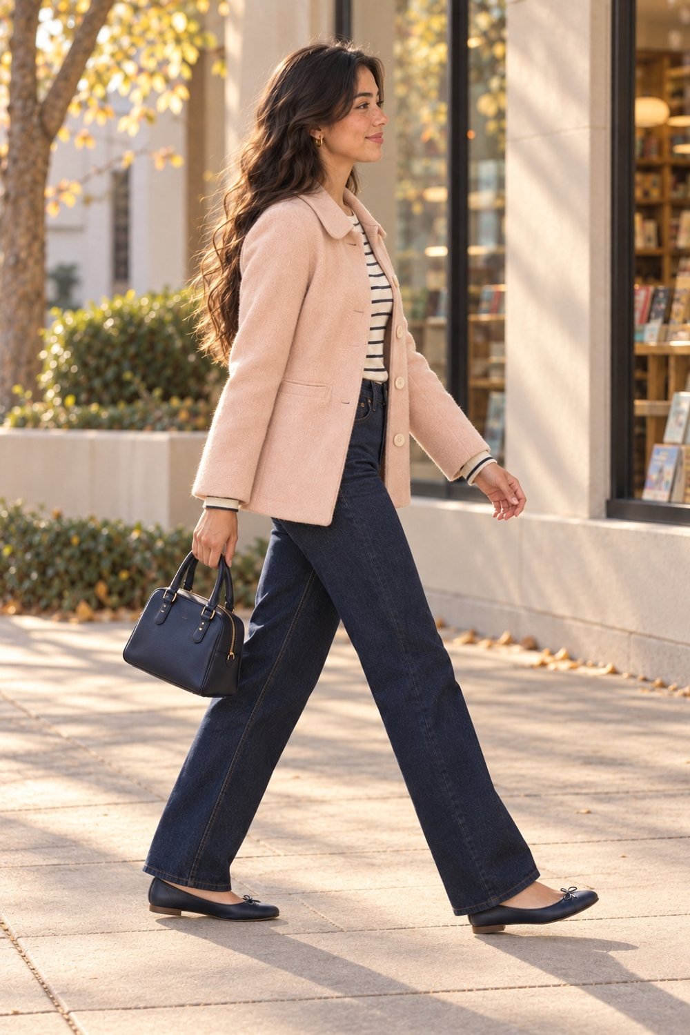 Side view of a woman wearing a blush coat over a fine navy-striped top with dark jeans and navy flats.
