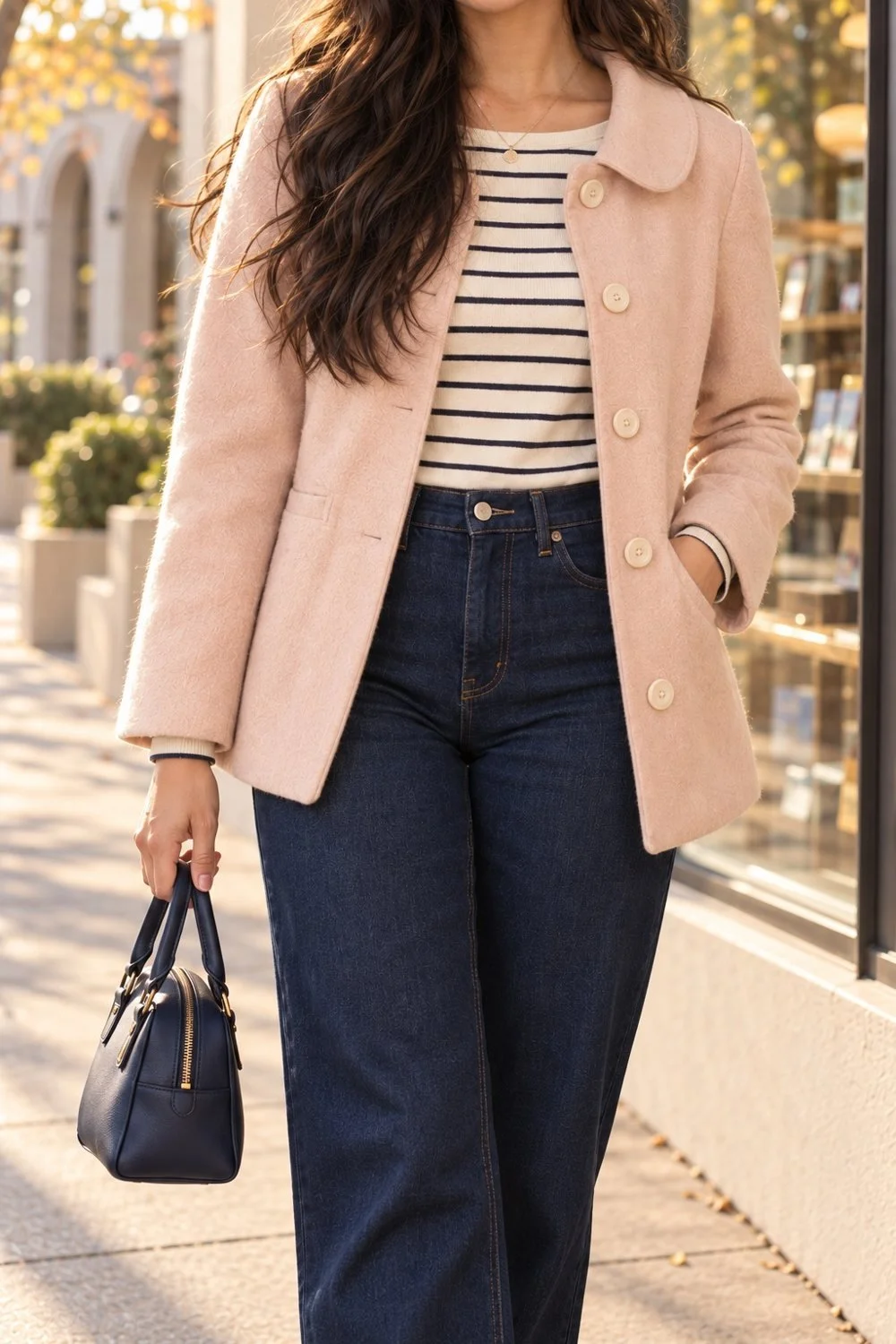 Fine navy stripes, a rounded blush coat collar, cream buttons, and the waist of dark jeans.