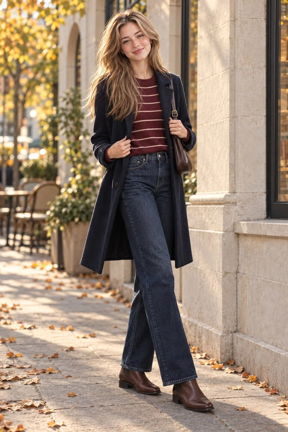 Woman wearing a burgundy-and-cream striped knit, an open navy coat, dark jeans, and brown ankle boots.