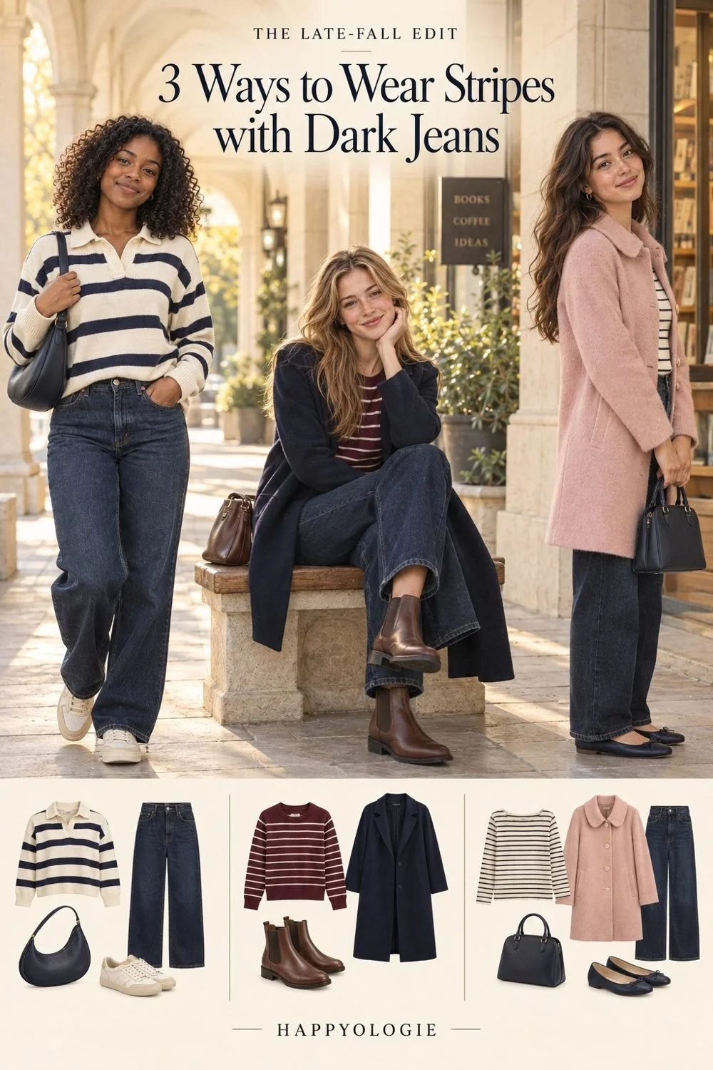 Three striped-top outfits with dark jeans: navy rugby with cream sneakers, burgundy knit with navy coat and brown boots, and fine stripes under a blush coat with navy flats.