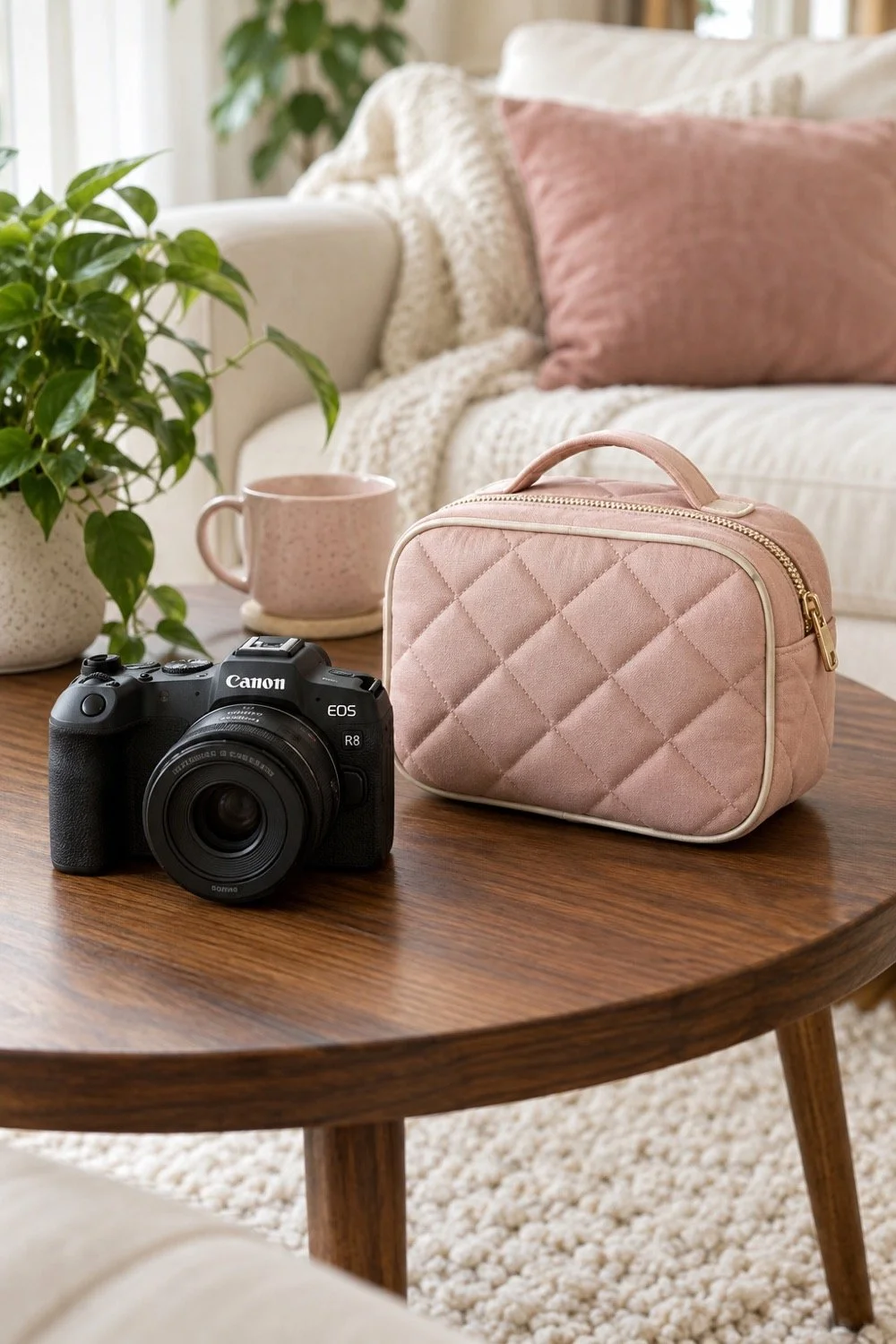 Canon camera beside a blush quilted camera bag on a wood table.