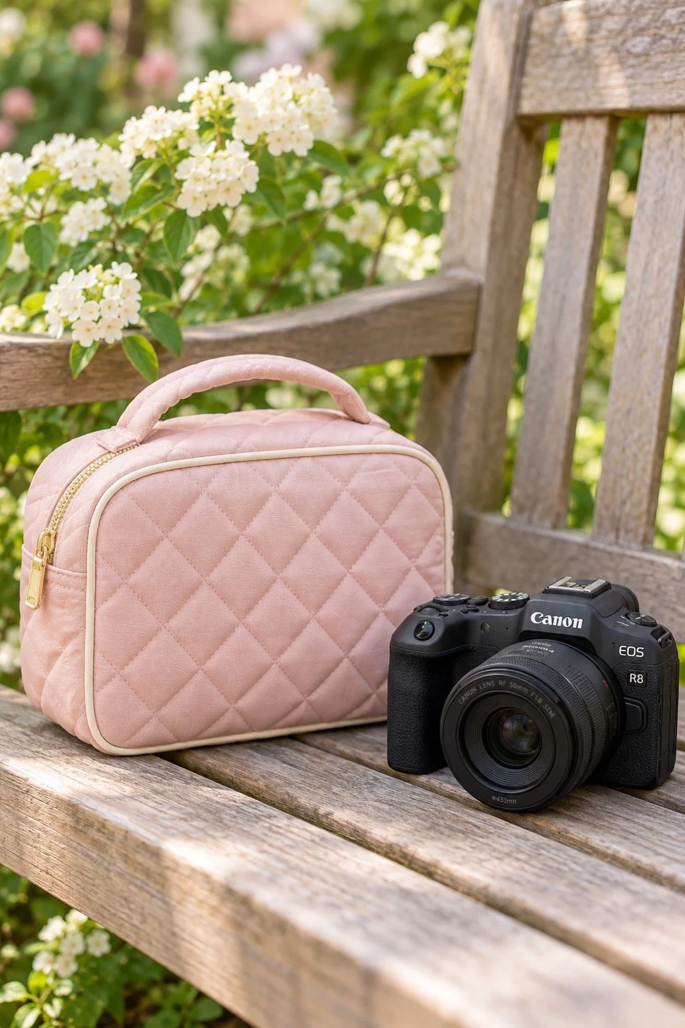 Canon camera and blush padded bag on a garden bench.