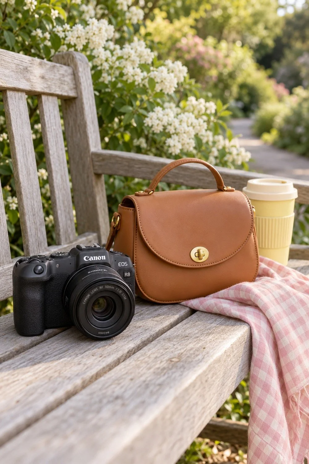 Canon camera beside a caramel bag and yellow cup on a garden bench.