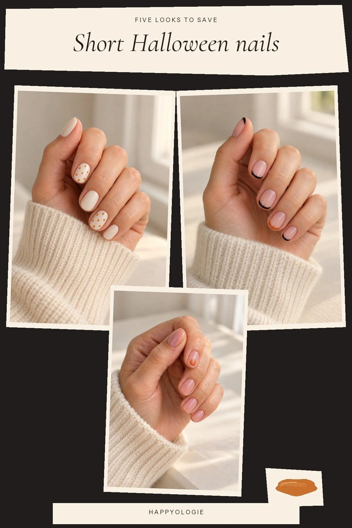 Vertical photo-card collage of cream orange dots, fine black French tips, and a tiny pumpkin accent on short nails.