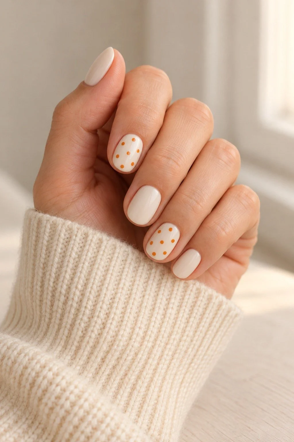 Short cream nails with small orange dots on two nails.