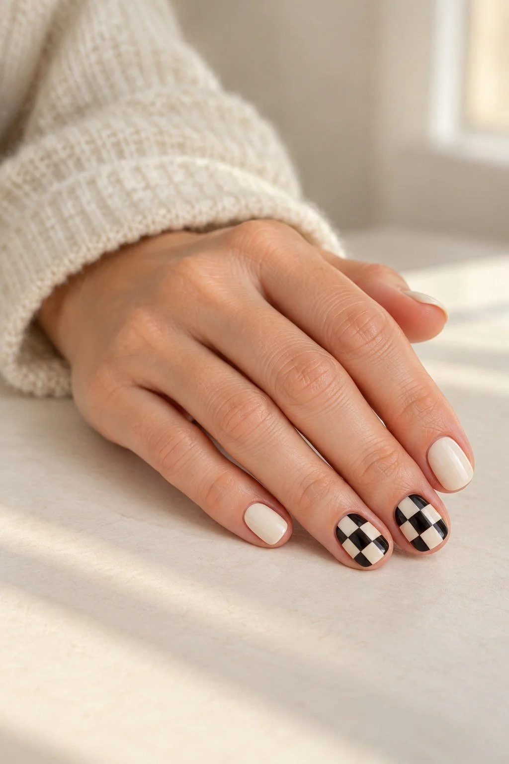 Short cream nails with two black-and-cream check accent nails.