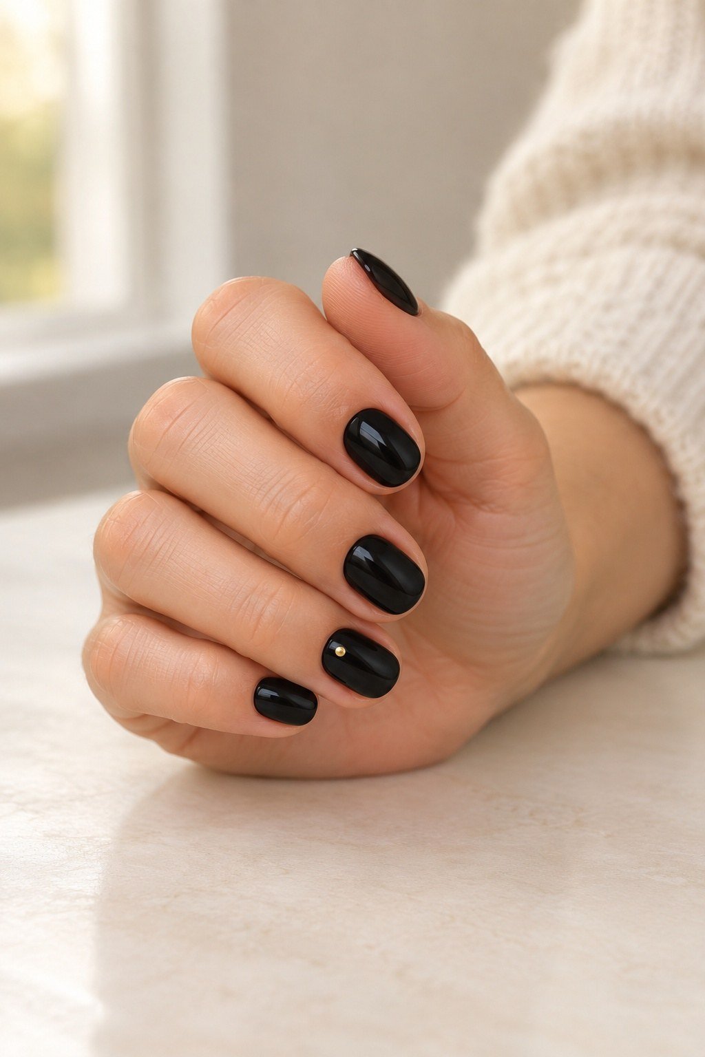 Glossy black short nails with one small gold dot.