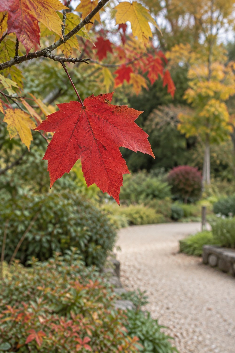 A red maple leaf hangs above a soft garden-path background.