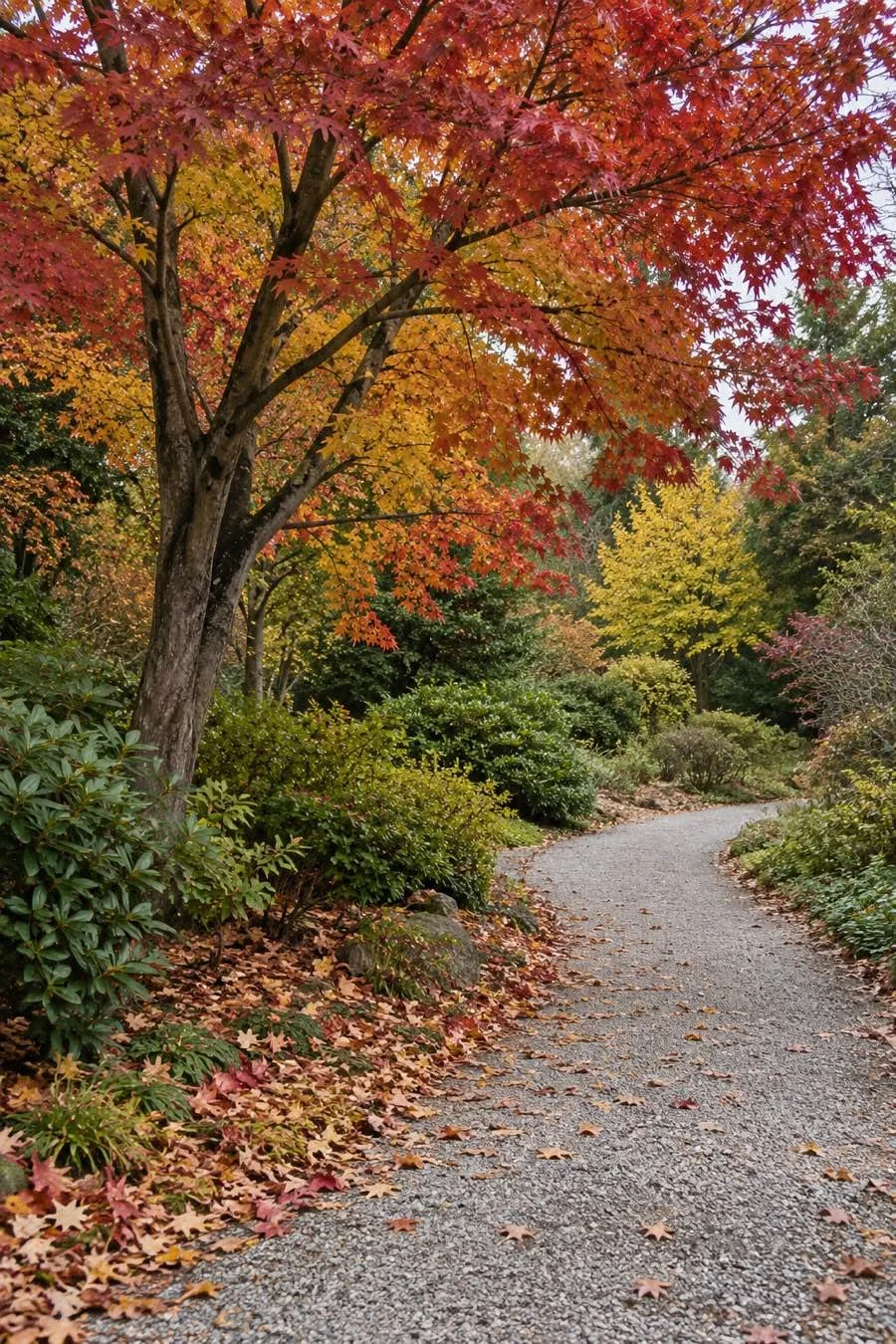Red and yellow autumn trees frame a curving gravel garden path.