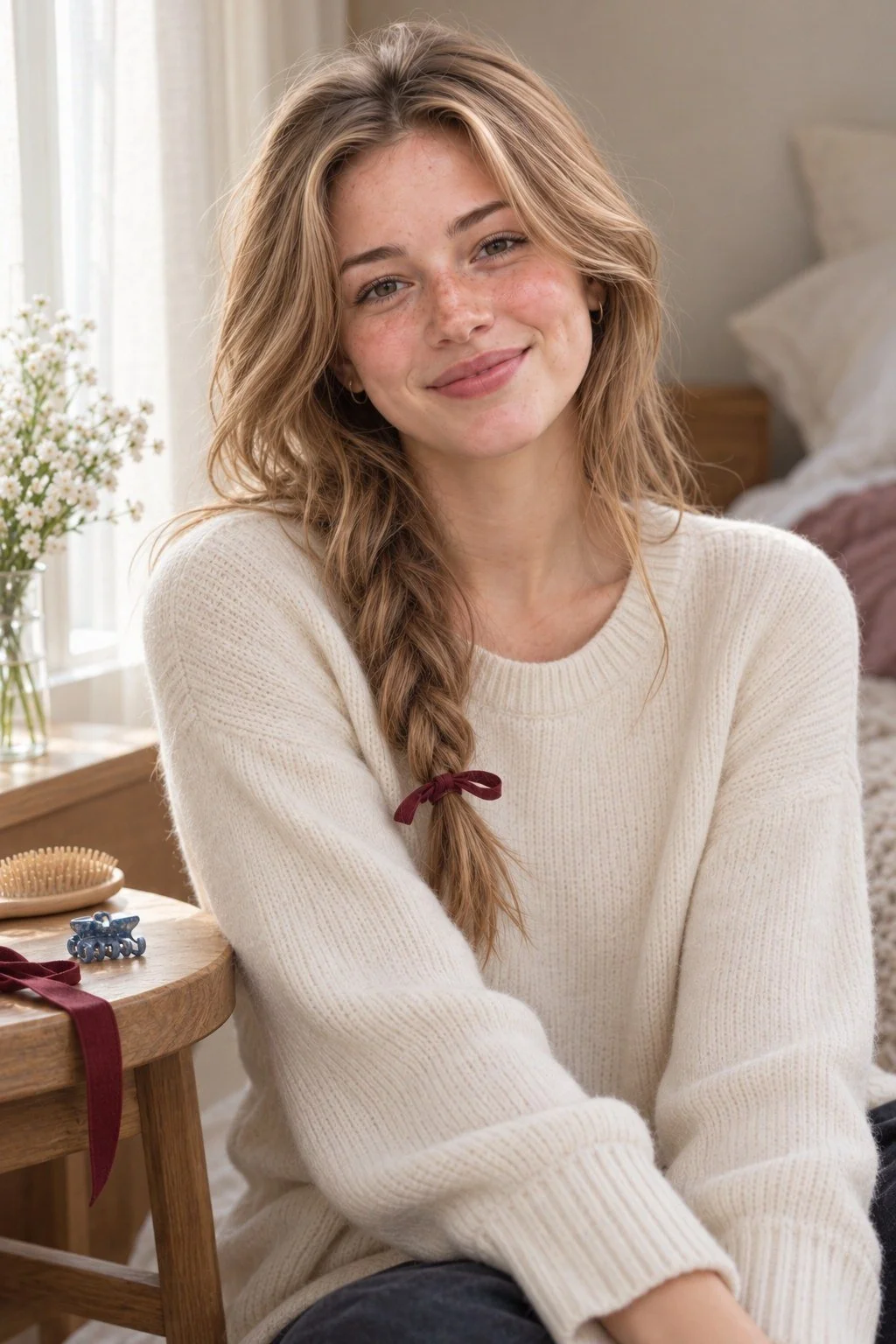 Loose low braid with a small burgundy ribbon over a cream sweater.