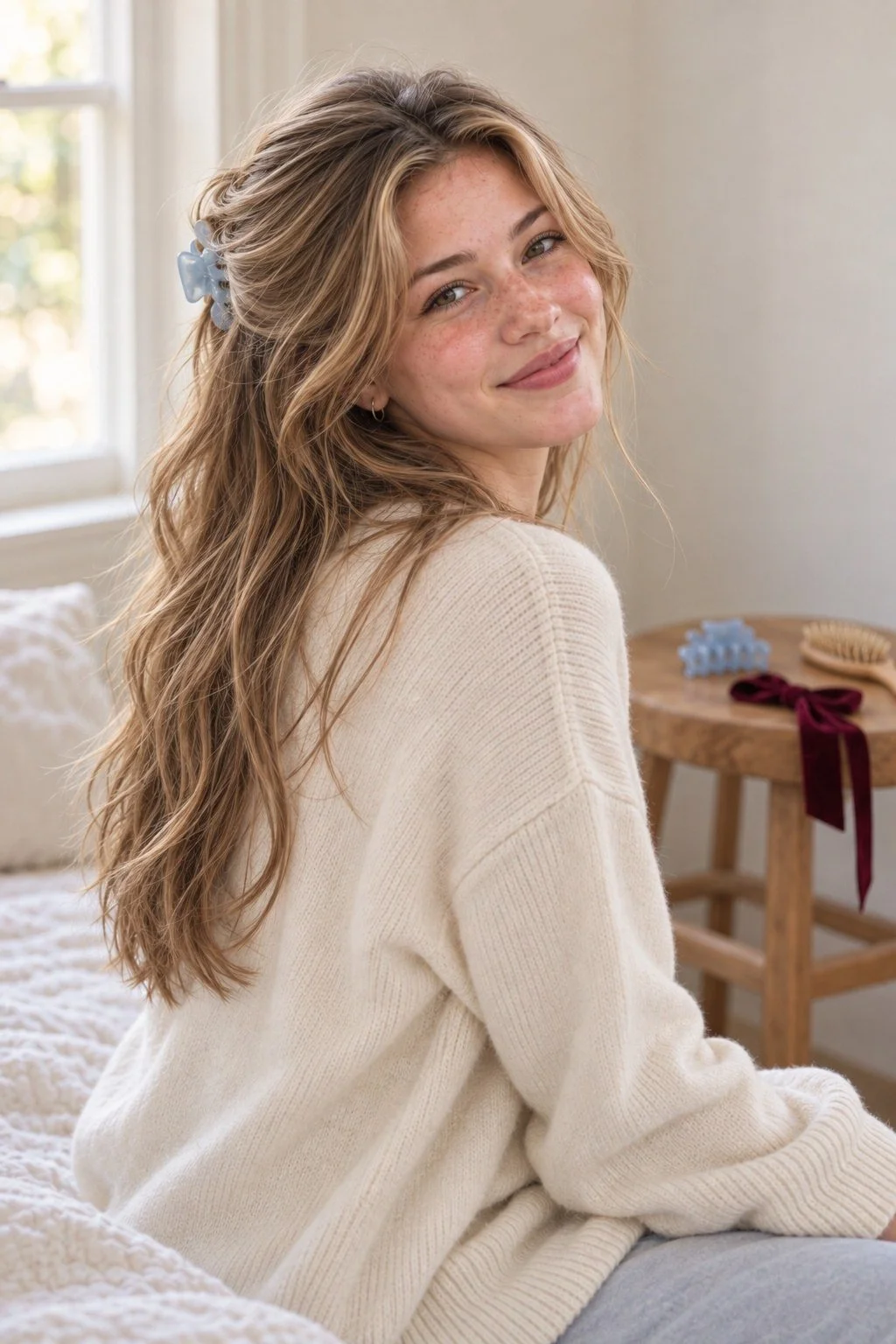 Long wavy hair gathered half up with a pale blue clip.