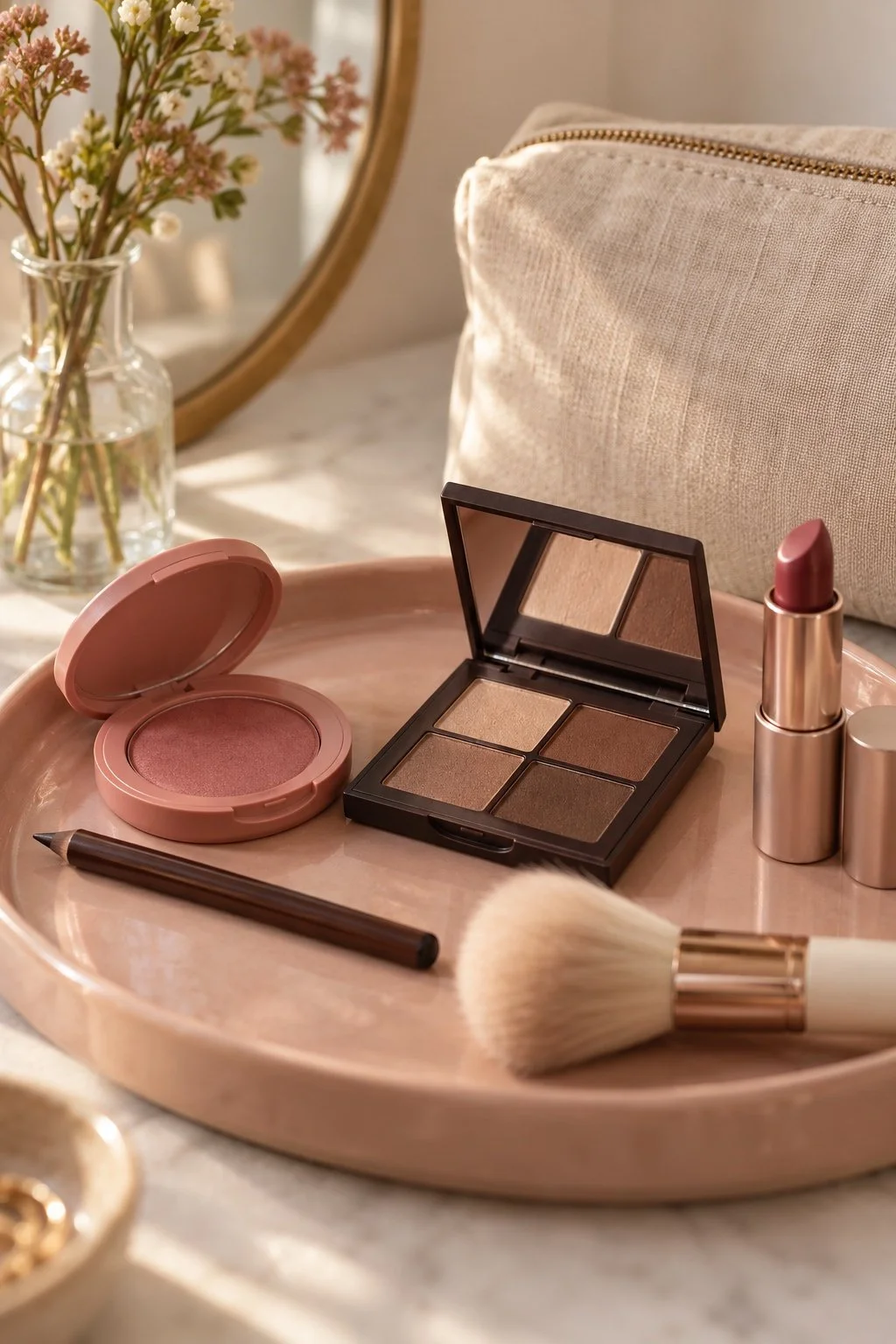 Brown eyeshadow, rose blush, berry lipstick and a brush on a blush tray.
