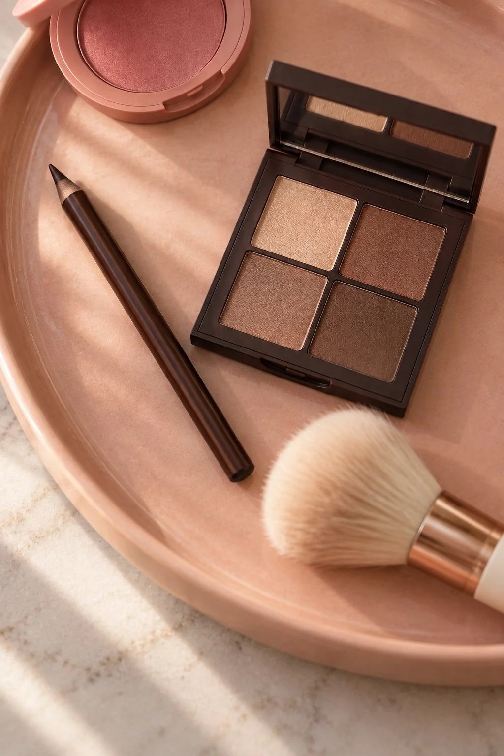 Four brown eyeshadow shades with a brown liner and soft brush.