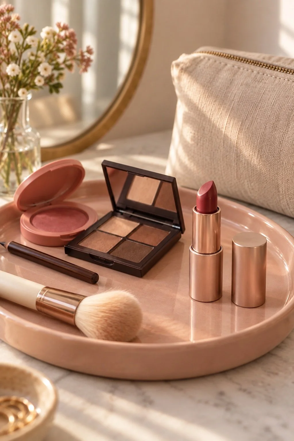 Berry lipstick and its cap on a blush tray beside brown eyeshadow.