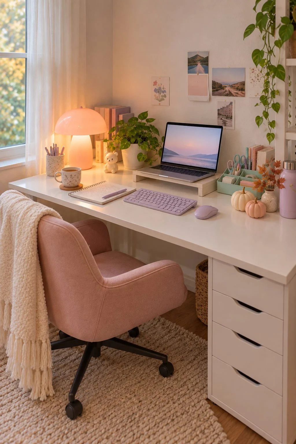 A pink chair, mushroom lamp and lavender keyboard at a white desk with cream and blush pumpkins.