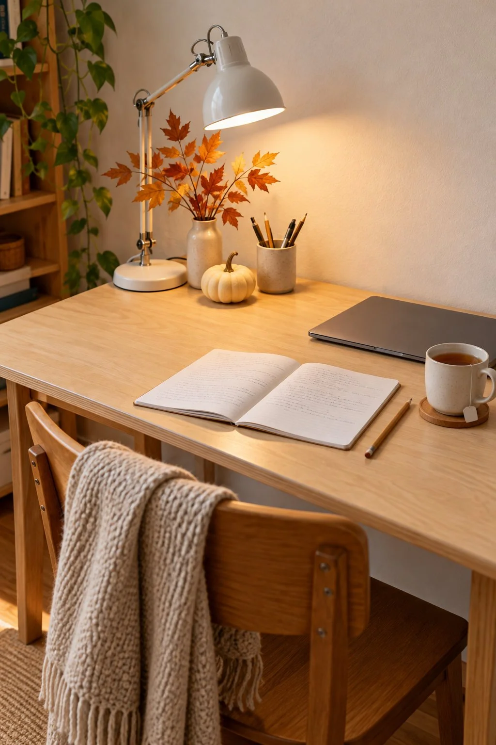 A pale wood desk with a white task lamp, one cream pumpkin, amber leaves and an open notebook.