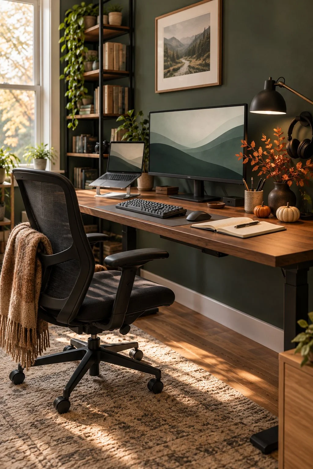 A dark green office with a wood computer desk, black chair, small pumpkins and autumn branches.