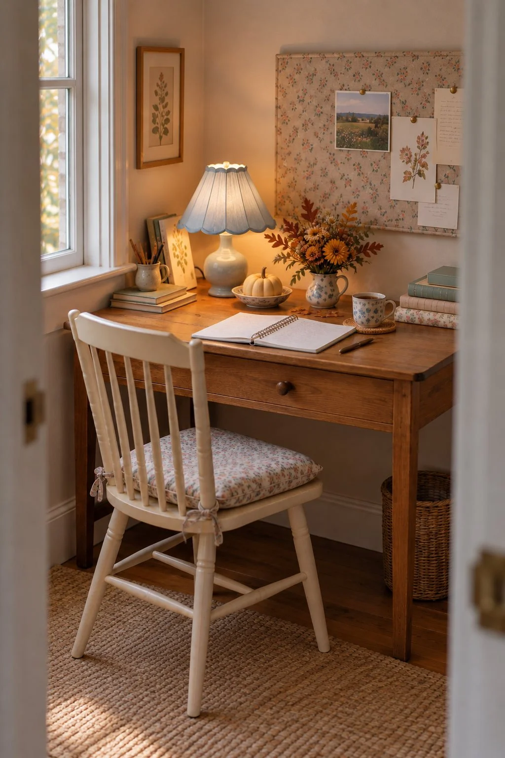 A cottage wood writing desk with a blue pleated lamp, fall flowers, cream pumpkin and white spindle chair.