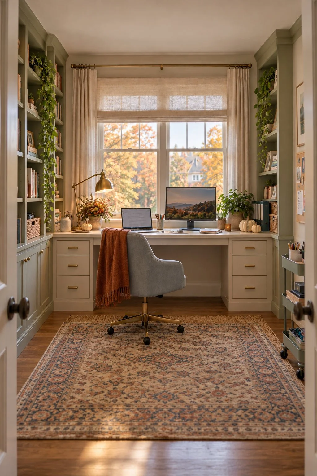 A built-in library office with sage shelves, cream drawers, small pumpkins and a rust throw on a gray chair.