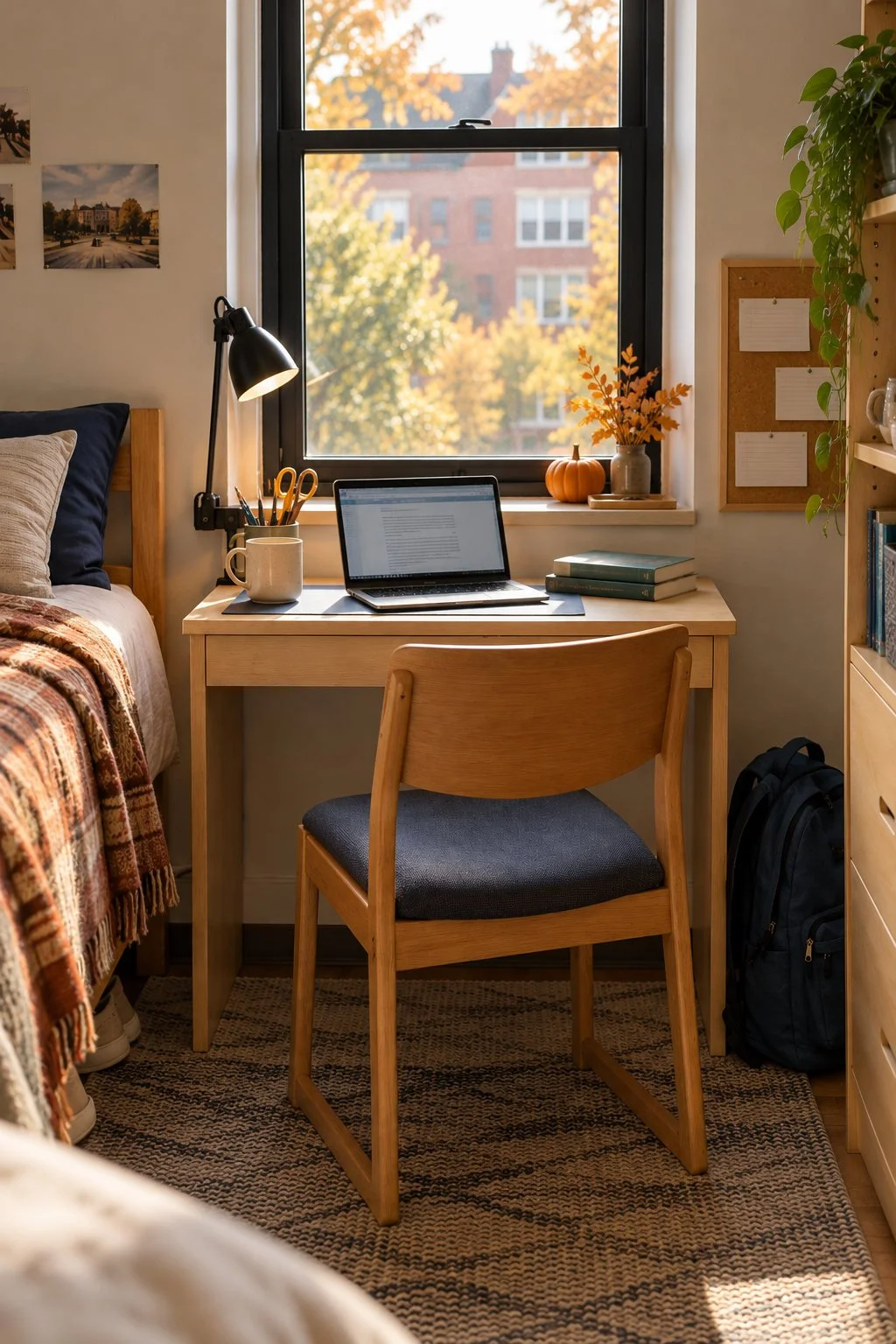 A student bedroom with a wood desk, laptop, orange pumpkin on the windowsill and rust plaid throw on the bed.
