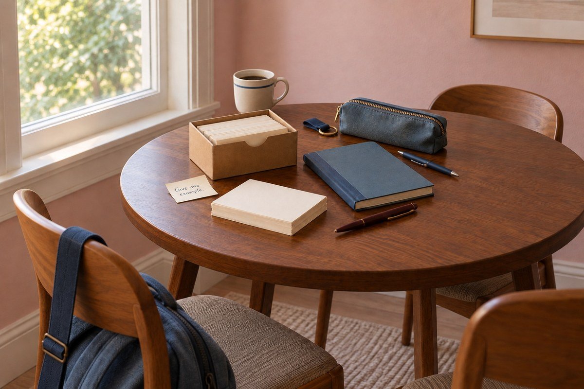 Walnut study table with a blue notebook, question cards, striped mug, task note and backpack.