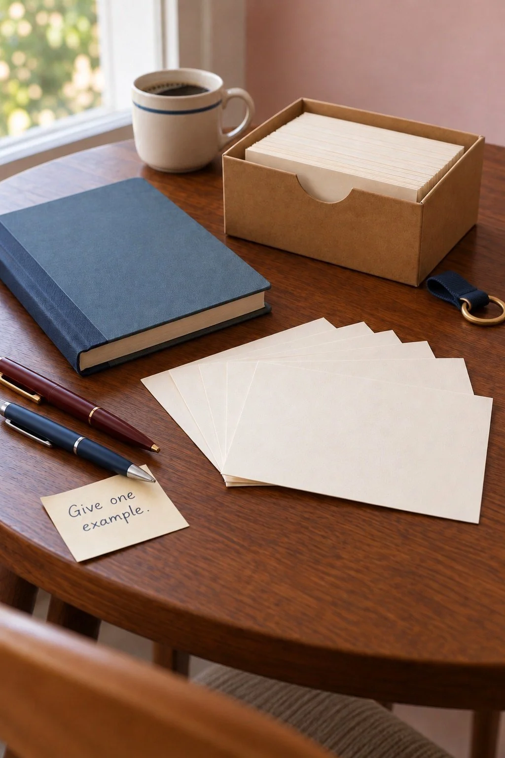 Fan of blank index cards with two pens and a note reading Give one example.