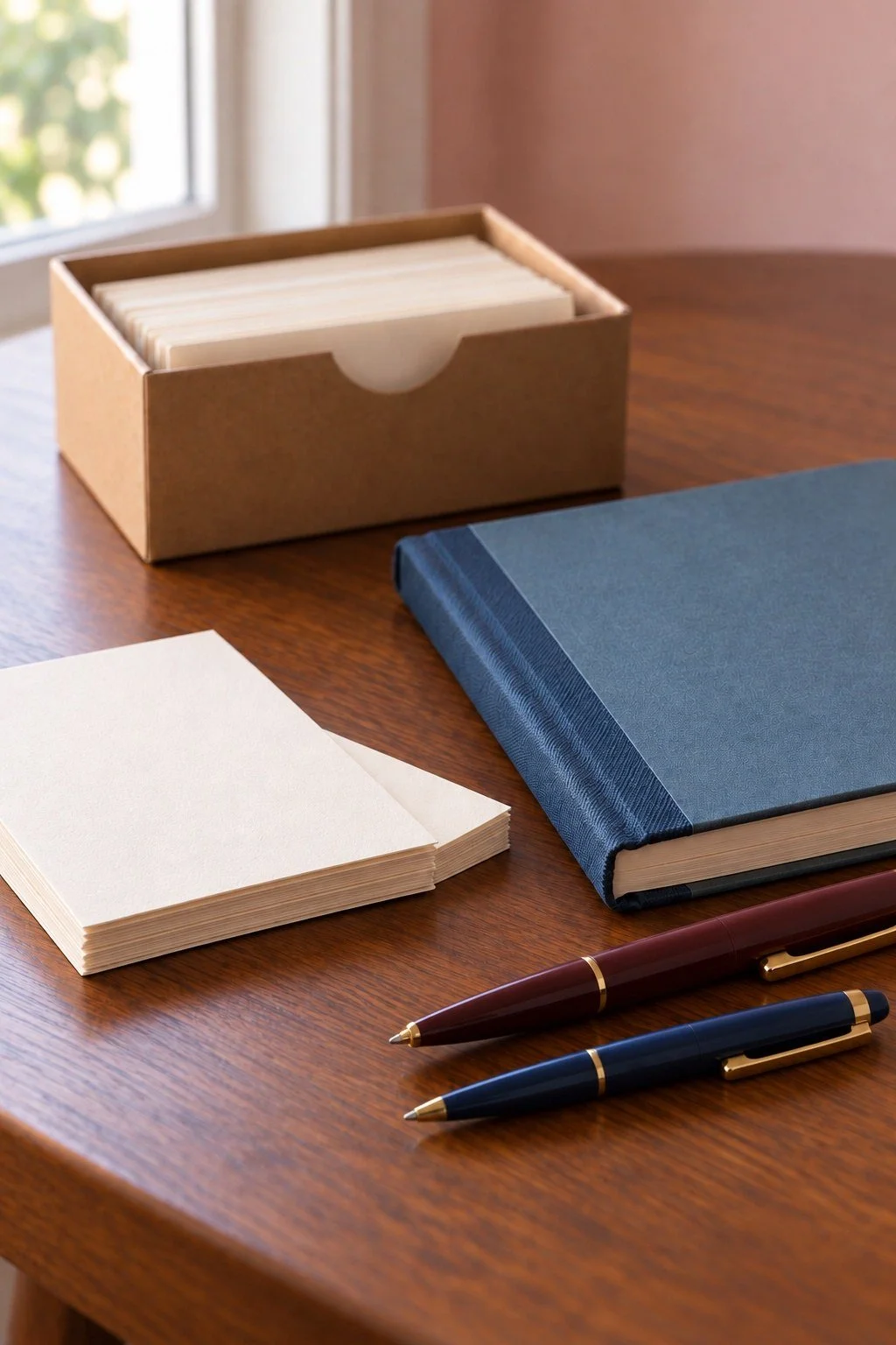 Blue notebook and blank cards beside two used pens on a walnut tabletop.