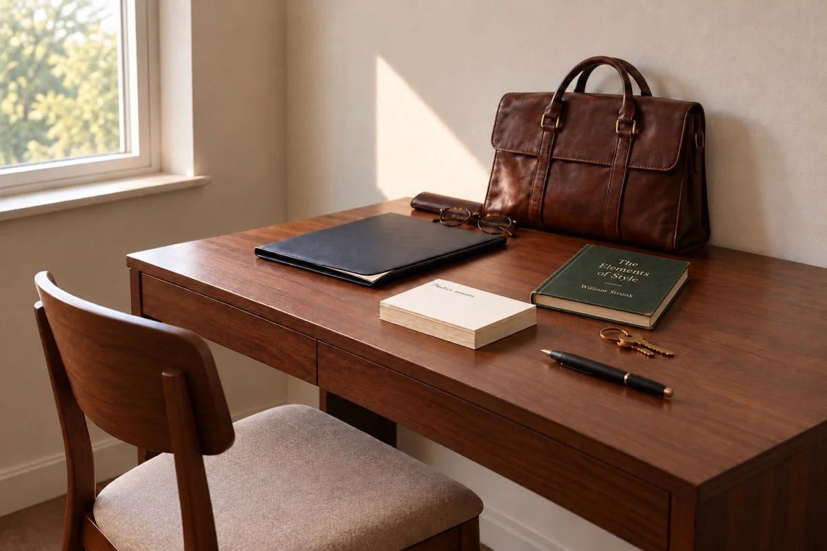 An interview prep desk with a folder, book, Practice answers card, glasses and brown bag.