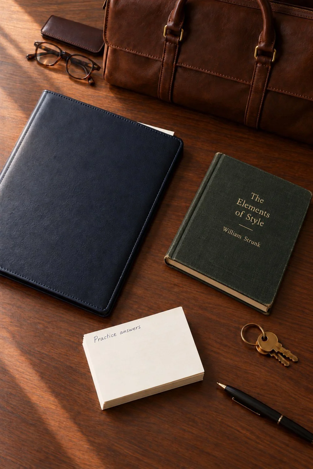 A folder, green book, Practice answers card, glasses, pen and keys viewed from above.