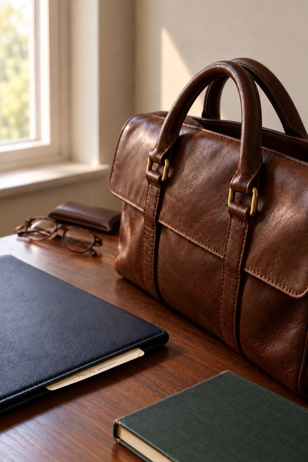 A brown document bag beside a folder, book and folded glasses with a brown sleeve.
