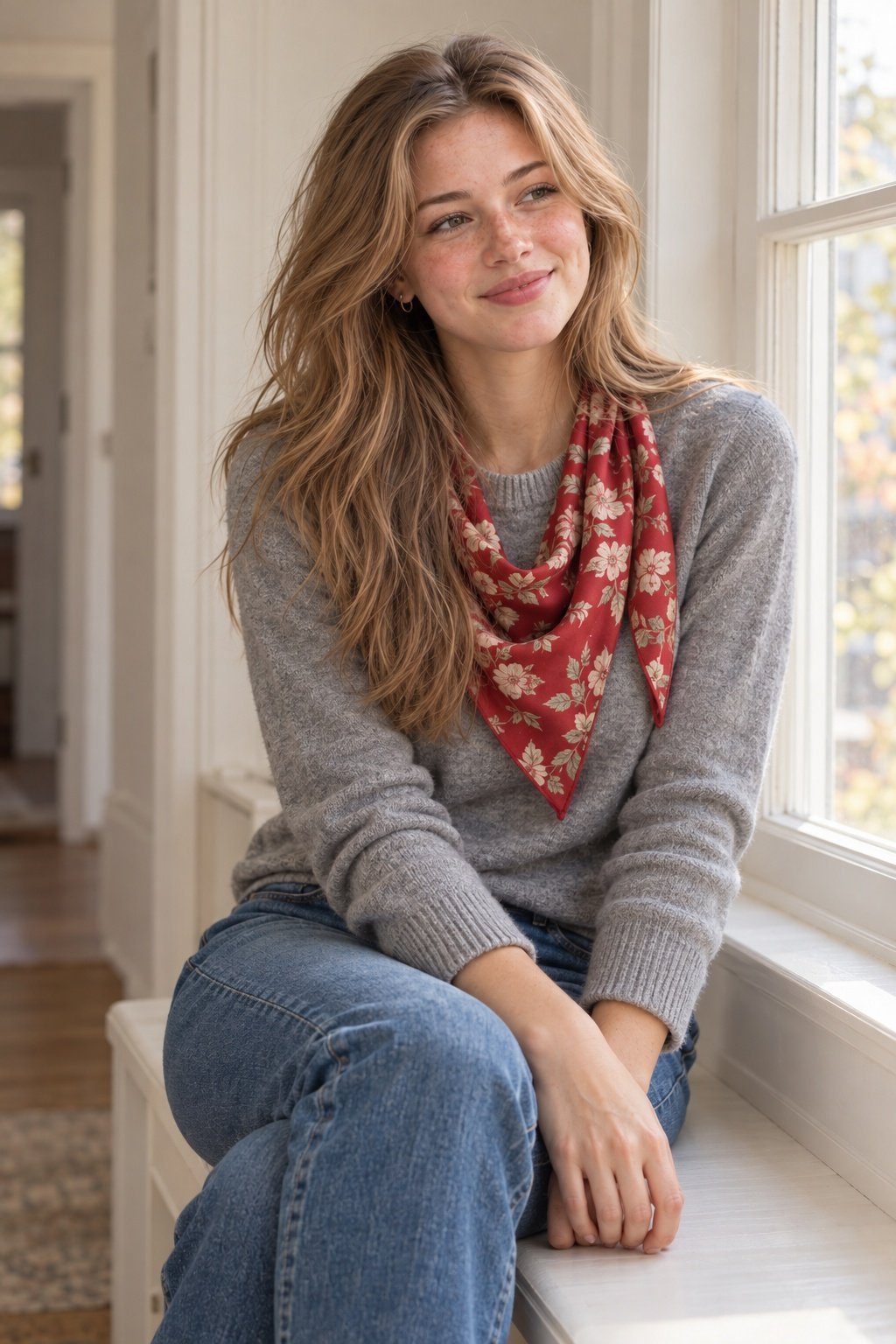 Red floral triangle scarf worn over a gray sweater by a window.