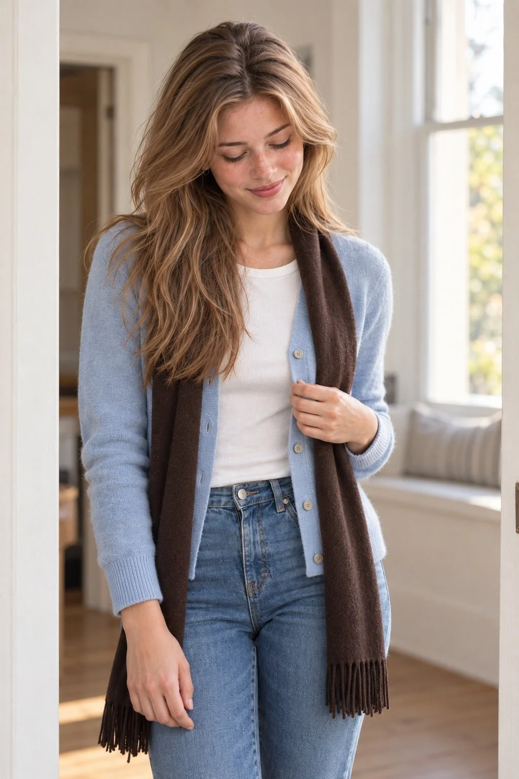 Long brown scarf draped over a pale blue cardigan and white shirt.