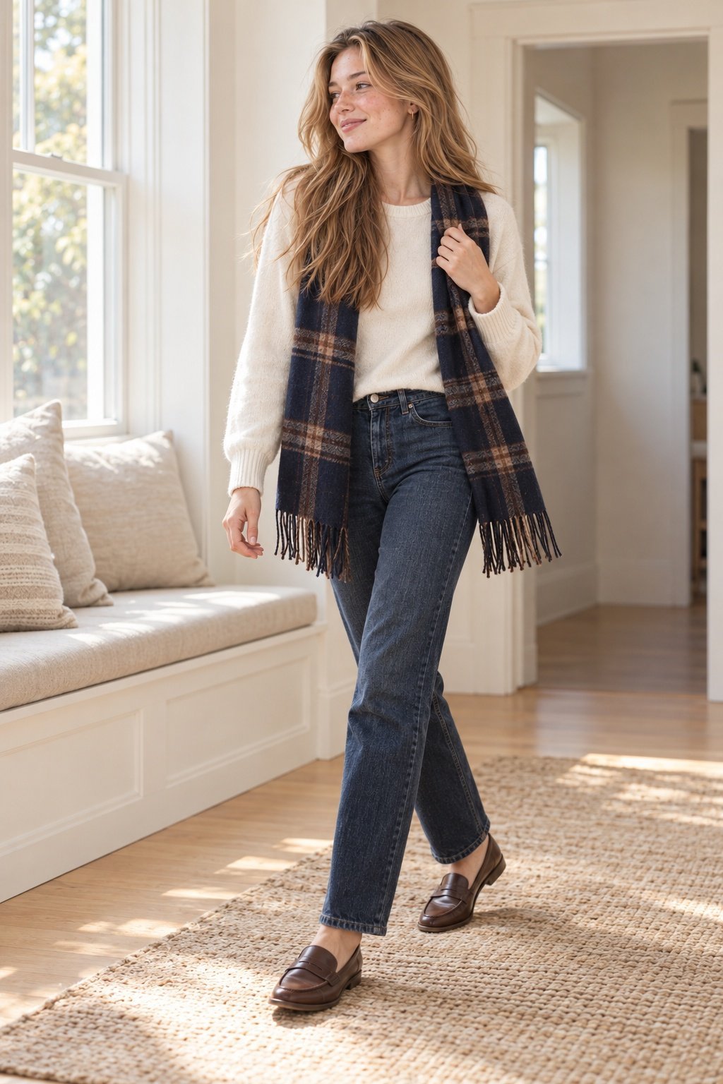 Navy and brown plaid scarf worn with a cream sweater, jeans, and brown loafers.