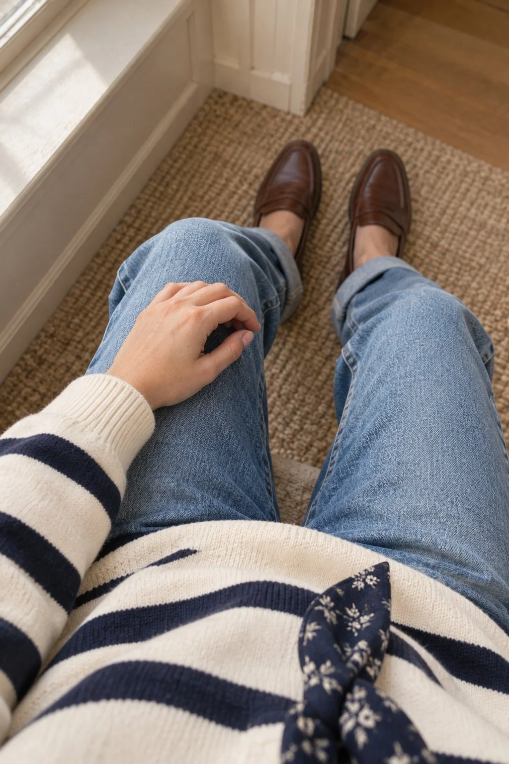 Looking down at a striped sweater, blue jeans, and brown loafers.