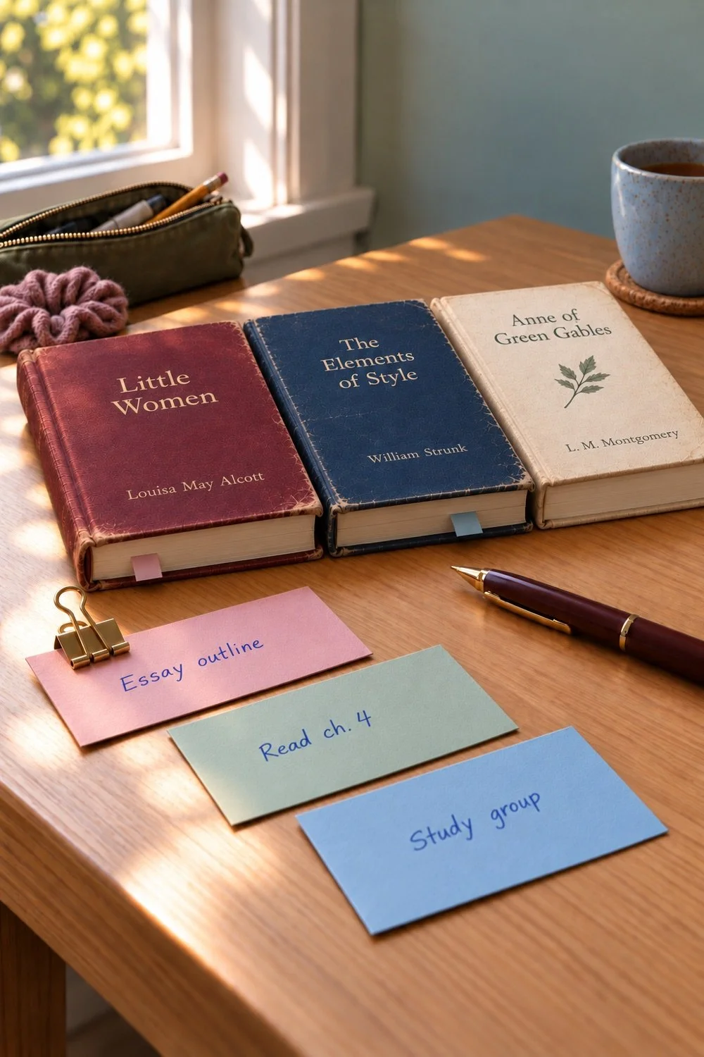 Handwritten assignment cards beside classic books