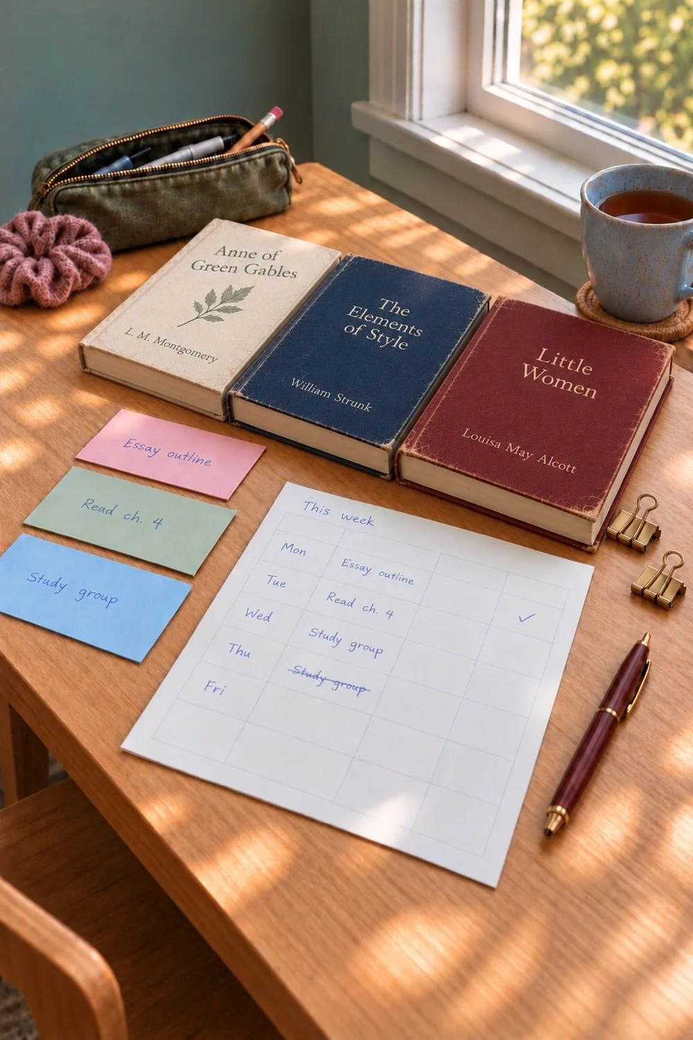Student weekly planner and titled books from opposite angle