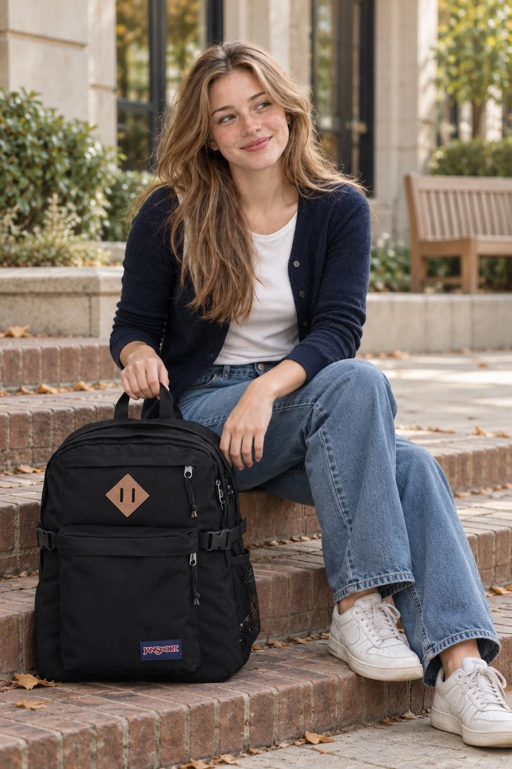 Model A sitting on brick steps beside a black JanSport Main Campus backpack.