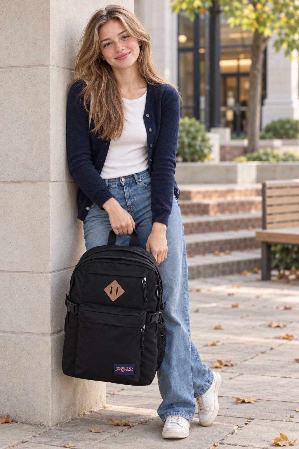 Model A leaning against a courtyard wall while holding a black JanSport backpack.