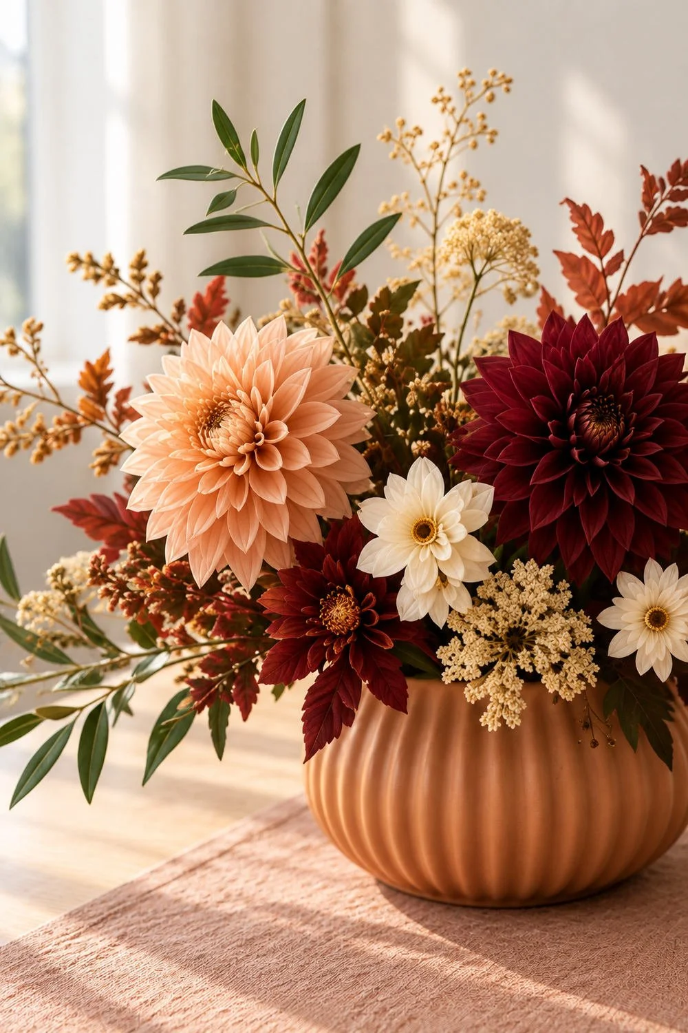 Peach and burgundy dahlias with cream blooms and green leaves in a fluted terracotta vase.
