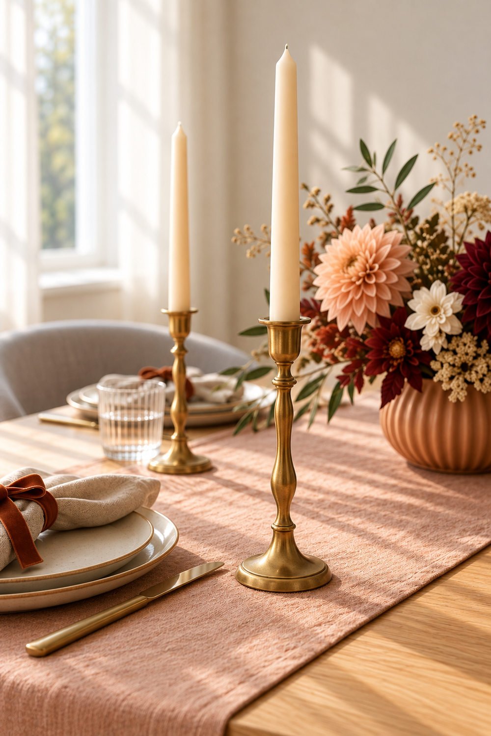 Unlit pale yellow taper in a brass candleholder beside flowers and a blush linen runner.