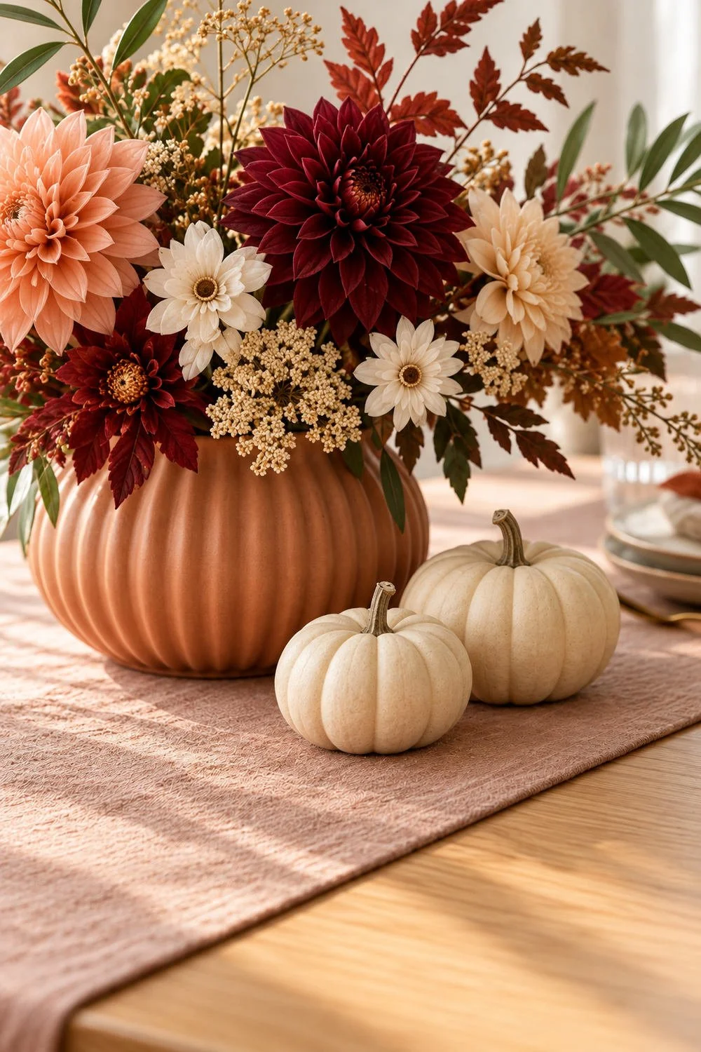 Two cream pumpkins beside a terracotta vase of peach, burgundy, and cream flowers.
