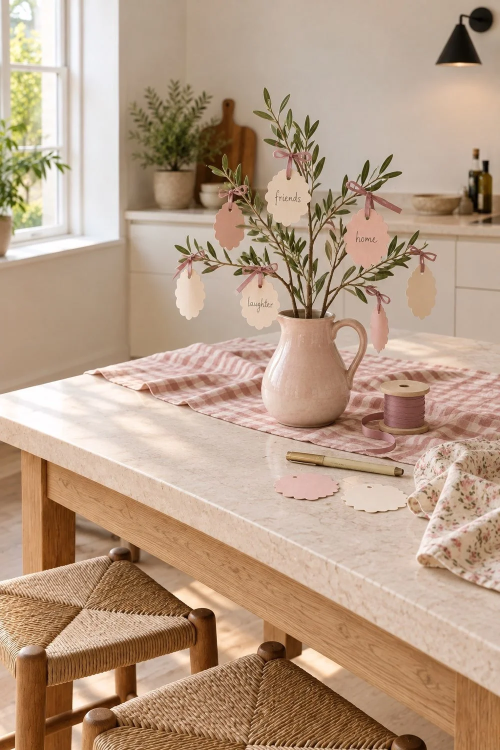 A blush pitcher holds olive branches with cream and pink gratitude leaves in a bright kitchen.